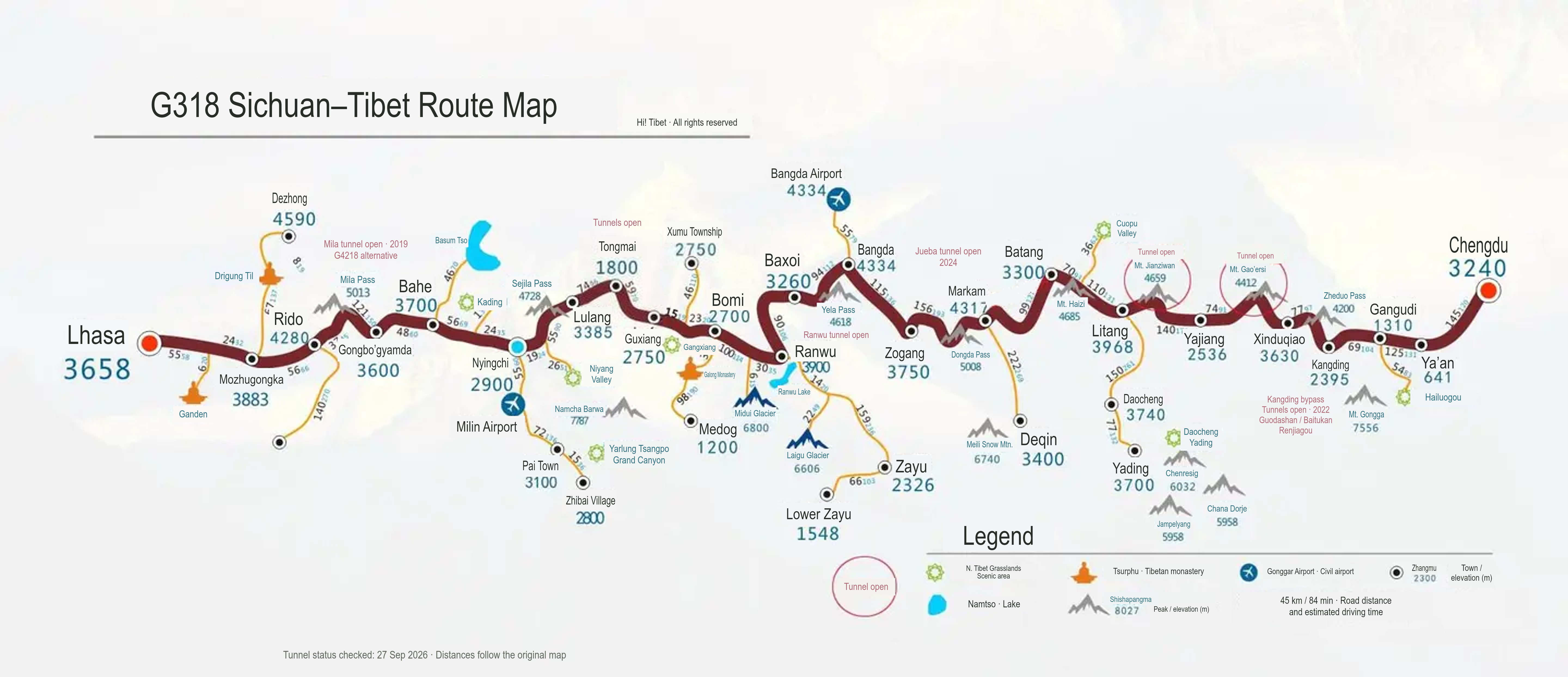 English G318 Sichuan–Tibet route map from Chengdu to Lhasa, showing the winding highway, town-to-town distances and driving times, mountain passes and elevations, tunnels, airports, lakes, glaciers and nearby landmarks